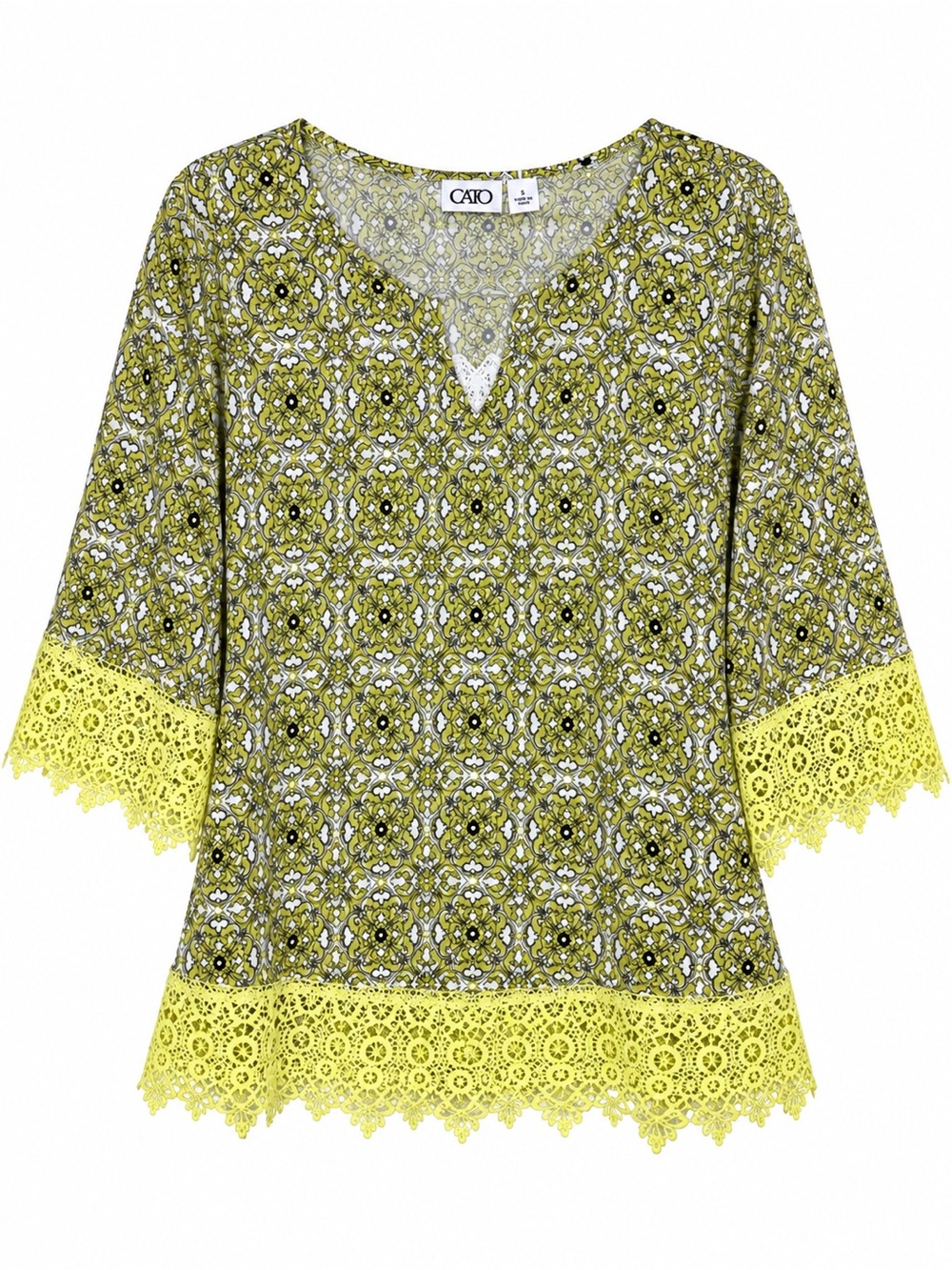 Cato Women’s Boho Print Crochet Trim Tunic Top 3/4 Sleeve Small
